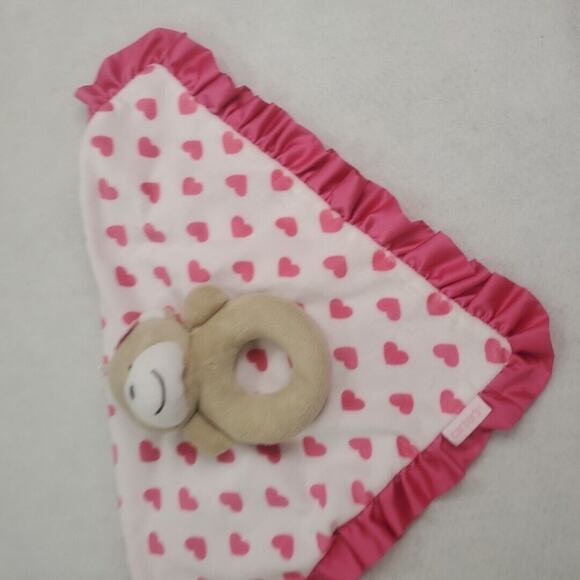 Carters Monkey Rattle Lovey Plush Pink Hearts 12 In Satin Back Security Blanket - Picture 3 of 12